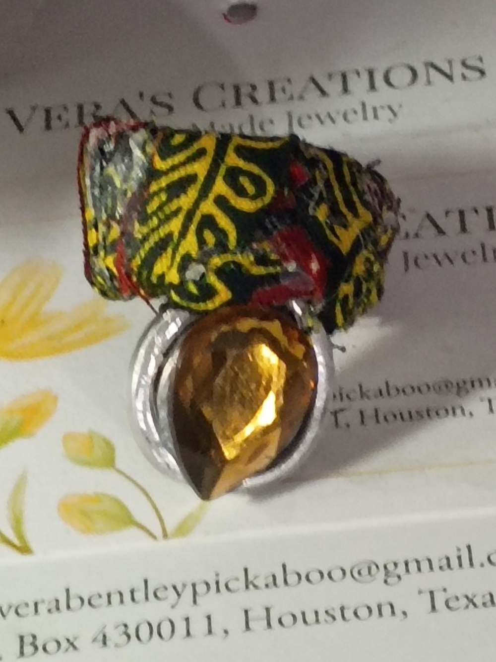Bold Yellow Patterned Ring with Amber Teardrop Stone